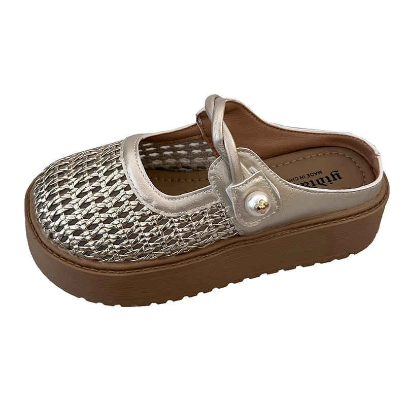 Summer Women's Hollow Out Woven Round Toe Mary Jane Buckle Strap Chunky Platform Mule Clogs Slides Sandals Casual_vogvips.com