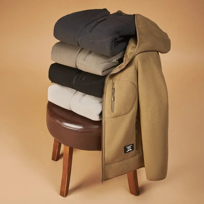 Winter Thickened Fleece Sherpa Jacket Men Hooded Double-Layer Coat Warm Windproof Outdoor Fleece-Lined Jacket Oversized Parkas