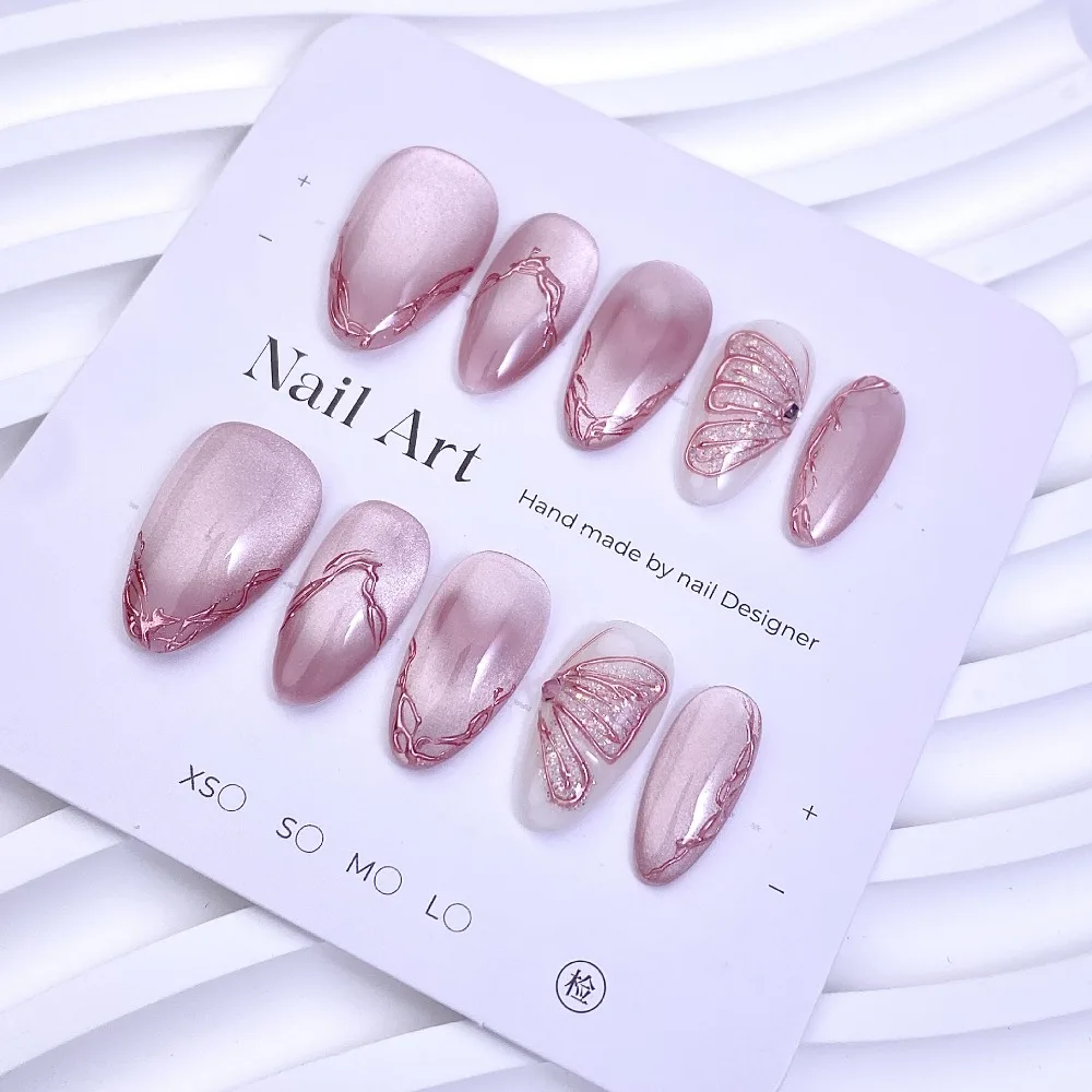 10 قطع إطار وردي لطيف مصنوع يدويًا من الكروم اضغط على الأظافر اللامعة على شكل فراشة ماسية مخملية أظافر وهمية قابلة للإزالة وقابلة لإعادة الاستخدام #3