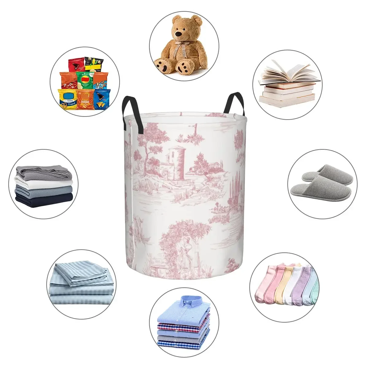 Custom Vintage Toile De Jouy Laundry Basket Foldable Blush Pink White Clothes Hamper for Baby Kids Toys Storage Bin