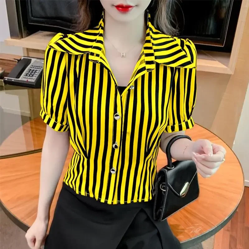 

Elegant Lapel Folds Puff Sleeve Striped Shirts Women Clothing Summer New Loose Korean Short Sleeve Tops Office Lady Blouses B108