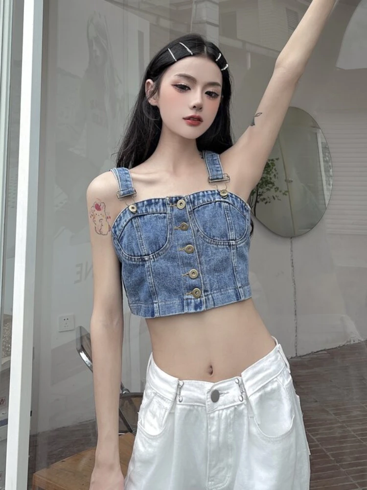 Summer New Denim Tank Tops Women Vintage High Street Slim Woman Y2k Crop Tops Outwear