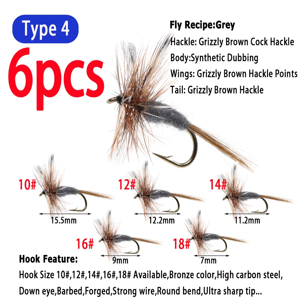 6 stuks # 10~ # 18 Adams Dry Fly Barbed Fly Tying Hook Light Hendrickson Volwassen Mayfly Caddis Midge Nimf Forel Baars Vissen Lokmiddelen