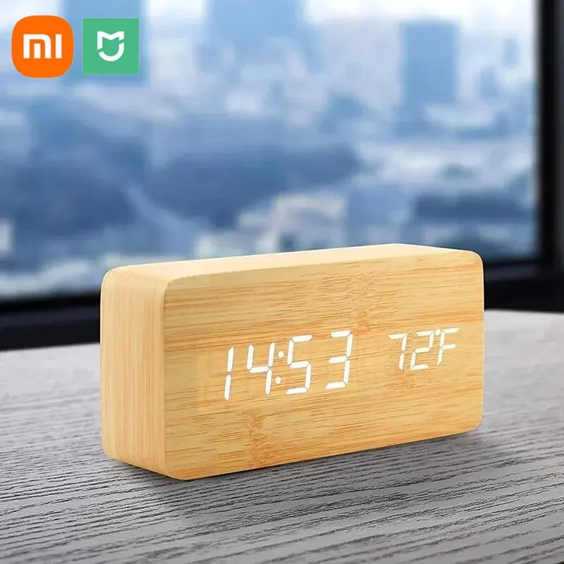 Xiaomi MIJIA Wooden Digital Alarm Clock  LED Table Clock with Temperature for Bedroom Office Desk Decorations