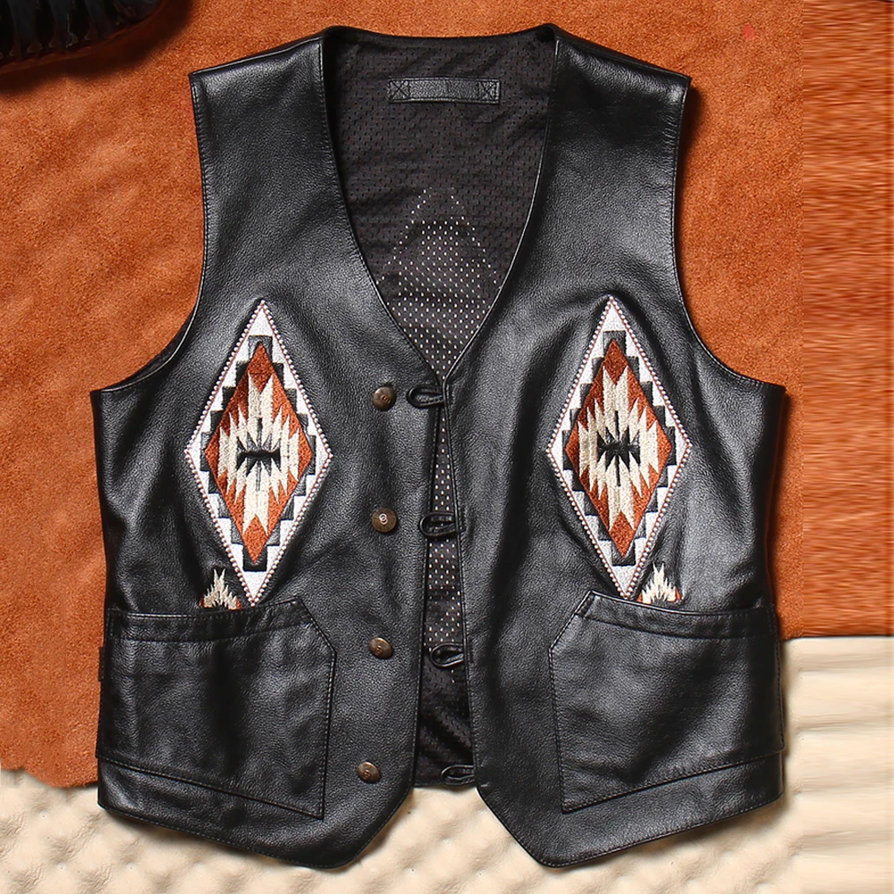 European Style Cowhide Vest Men Patchwork Embroidered Navajo Pattern Summer Vest V-neck Genuine Leather Camisole Waistcoat 5XL