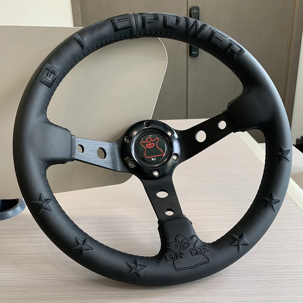 

JDM 330mm Japanese Blcak Embroidery Microfiber Leather Deep Dish Car Steering Wheel 326POWER Steering