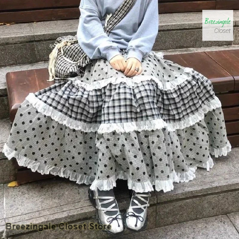 Japanese multi-layer lace plaid stitching big pendulum A-shaped long skirt women's spring and autumn versatile fashion overskirt