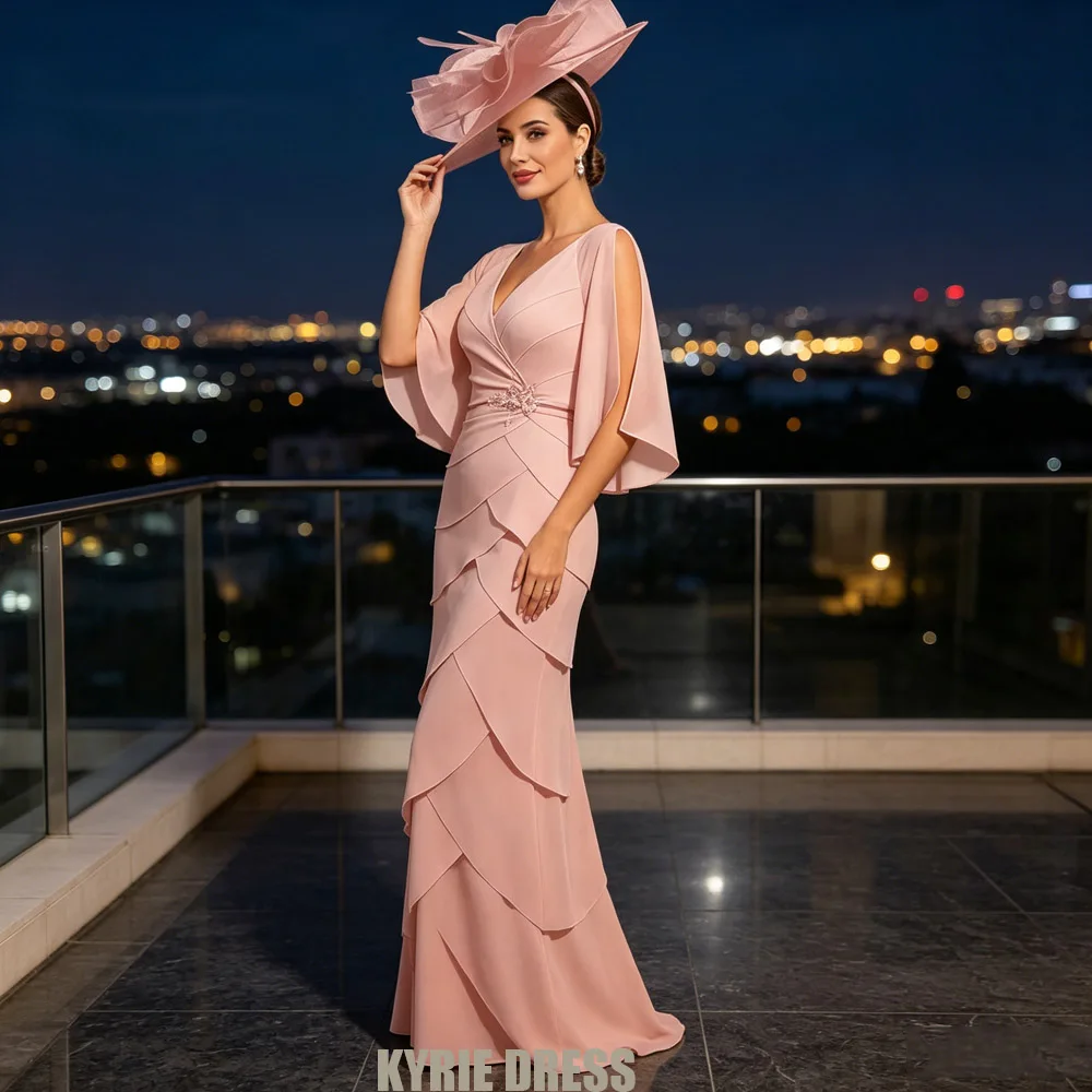 Customized Mother of The Bride Dress 3/4 Sleeves V Neck Sequined Column Tiered Chiffon Wedding Guest Gowns Party Dresses