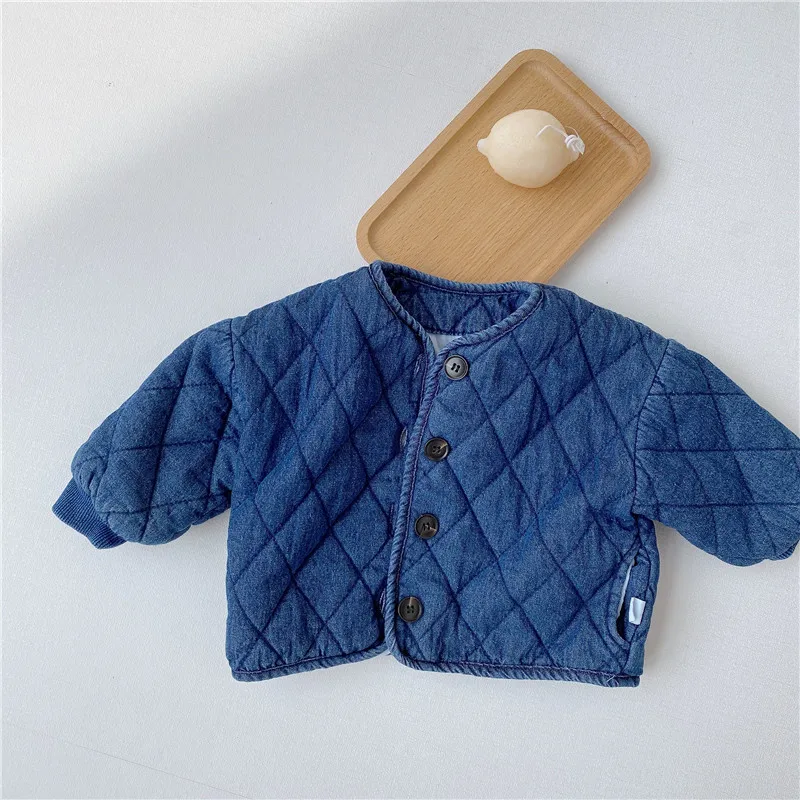 Baby\'s winter denim plush warm jacket children\'s single breasted thickened casual cardigan 2023  boys clothes  winter coat