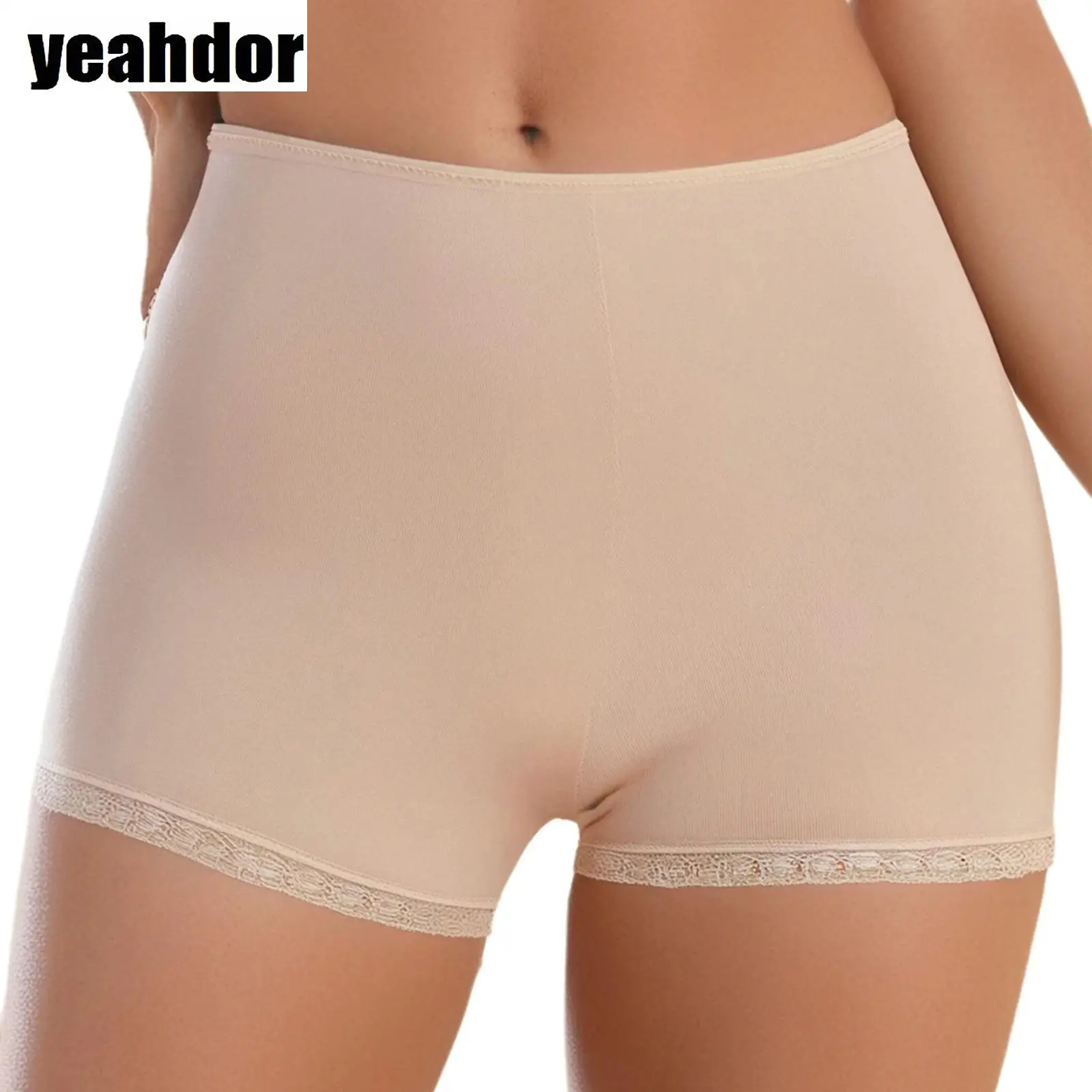 Women Seamless Safety Shorts Elastic Waist Floral Lace Trim Boxer Shorts Dress Pettipants Breathable Leggings Vacation Workouts