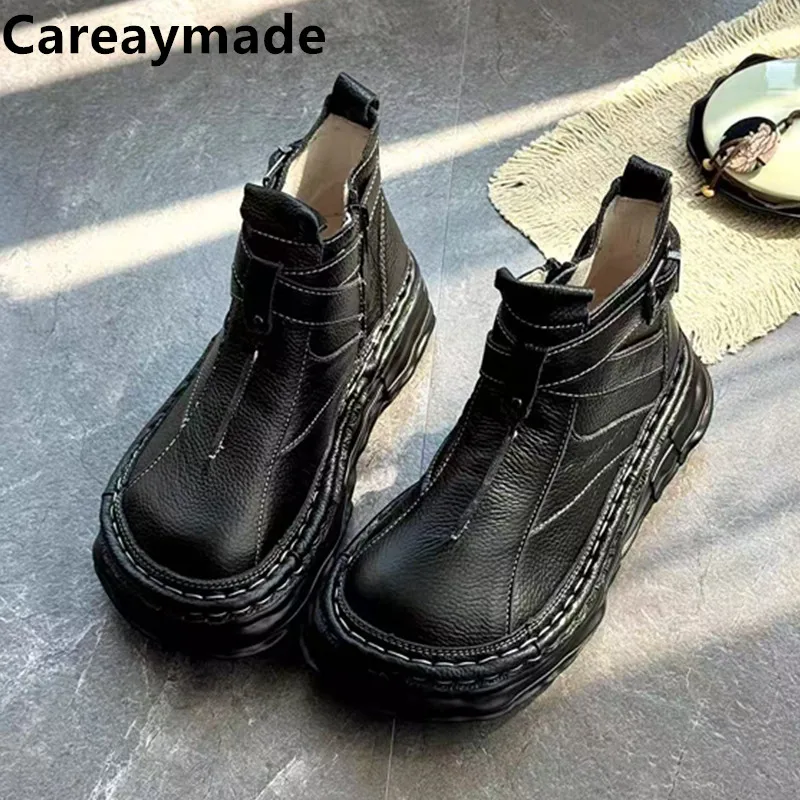 Careaymade-Genuine Leather Wider Toe Women's Boots, Muffin Thick Soled Casual Boots Short Tube Boots Winter Warm Ugly Cute Shoes