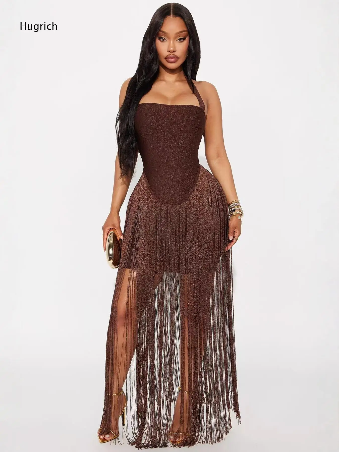 Ladies Sparkly Metallic Halter Neck Dress Sleeveless Curved Hem Corset Top Long Fringe Skirt Gown
