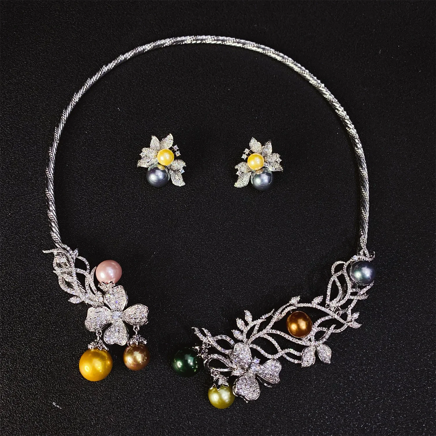 

New Set Luxury Summer Multi-color Pearl Flower Open Collar Necklace Earrings Ladies Jewellery Party Travel Prom Wedding M-426