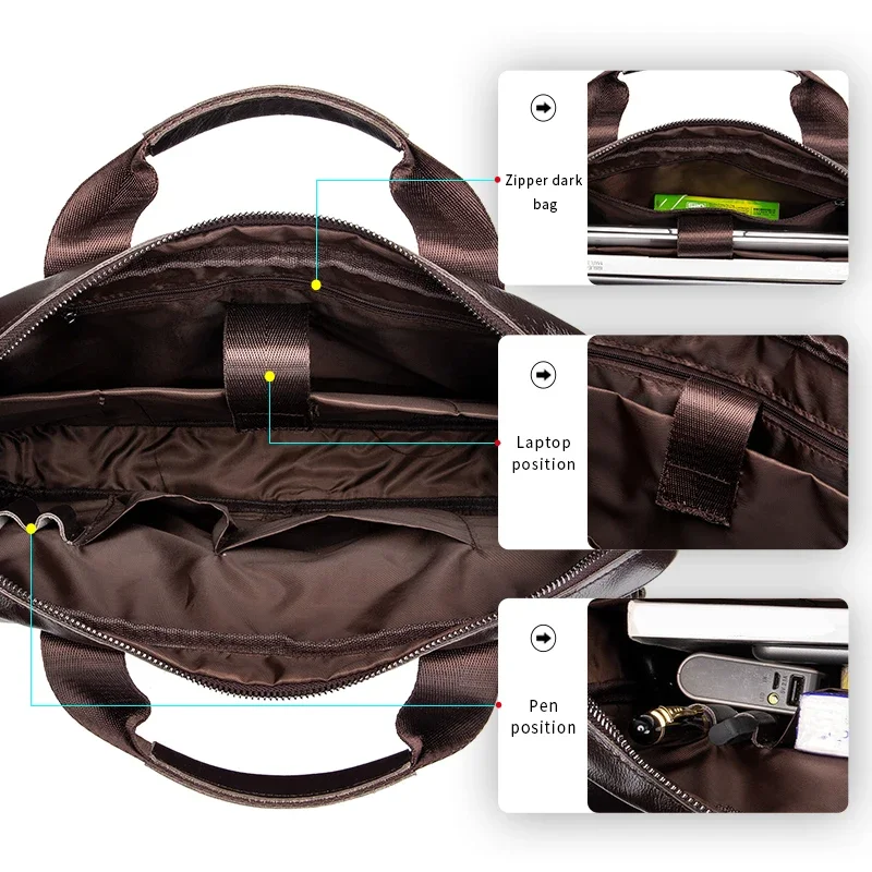 Genuine Leather Men's Briefcase with Double Front Pockets, Large Capacity Computer Bag, Diagonal Cross Handbag