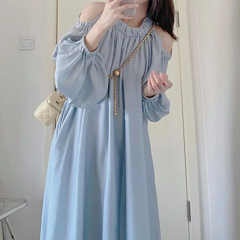 

Miiiix Blue Fashion French Gentle Style Bubble Sleeve Dress Women's Summer Design Feel Off The Shoulder Slim Long Dresses