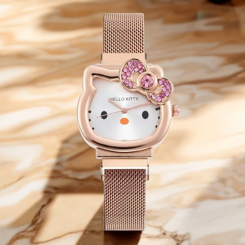 Sanrio Hello Kitty Watch KT Cat Bow Kawaii Pink Women's Gold and Silver Metal Jewelry Cartoon Magnetic Watch Girlfriend Birthday