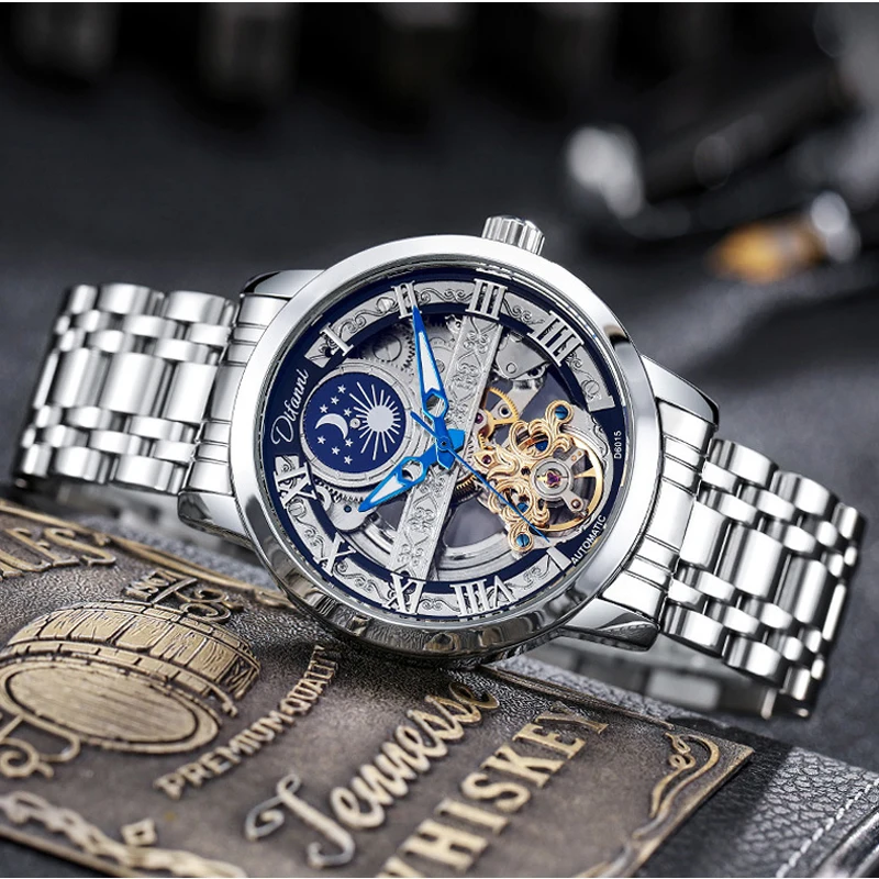 Imagem -03 - Classic Homem Skeleton Ver Tourbillon Relógios Homens Top Marca de Luxo Moon Phase Relógio Mecânico Automático Reloj Hombre