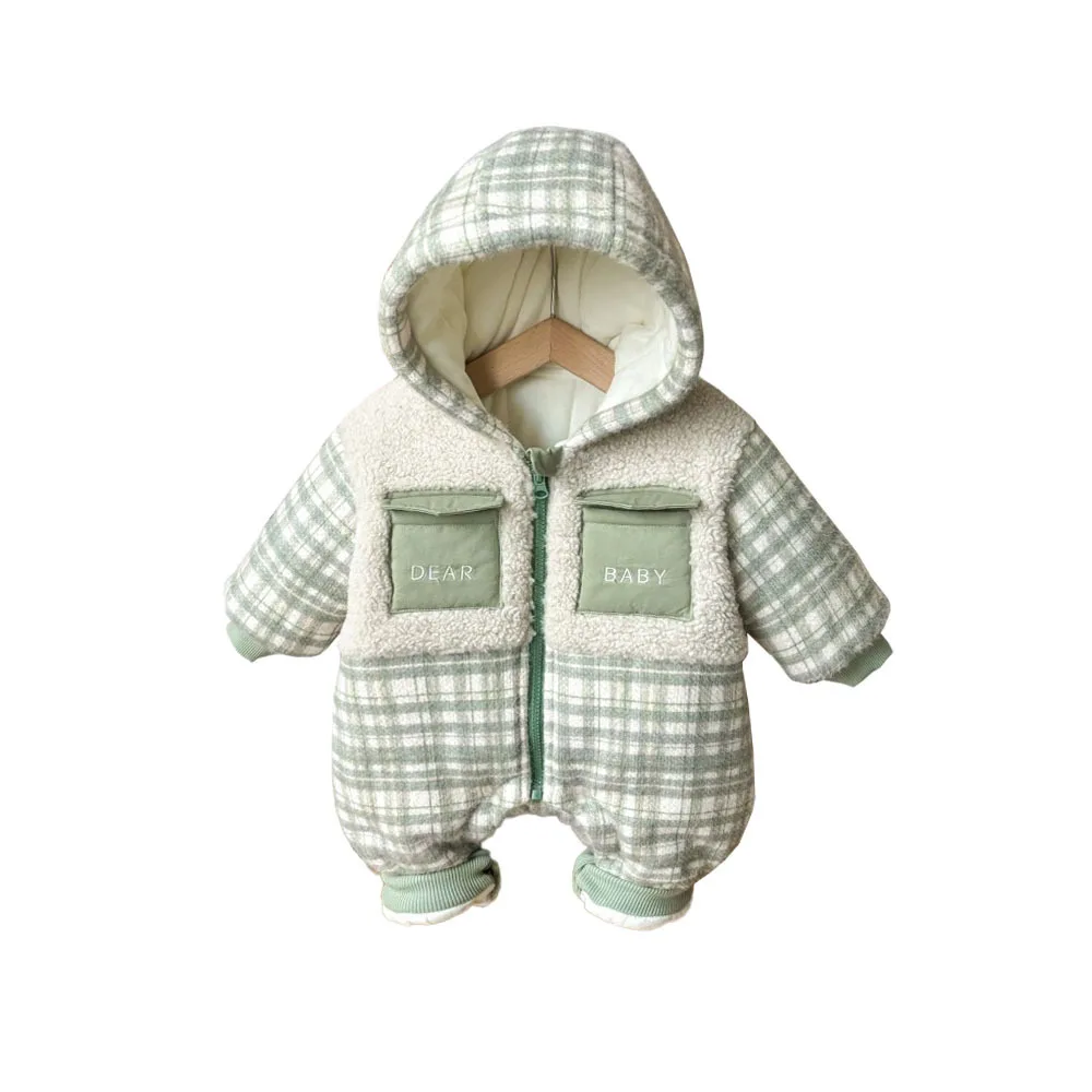 2024 Winter New in Kids Baby Thicken Plush Warm Outfits,toddler Infant Patchwork Plaid Jumpsuits Newborn Romper 0-24M