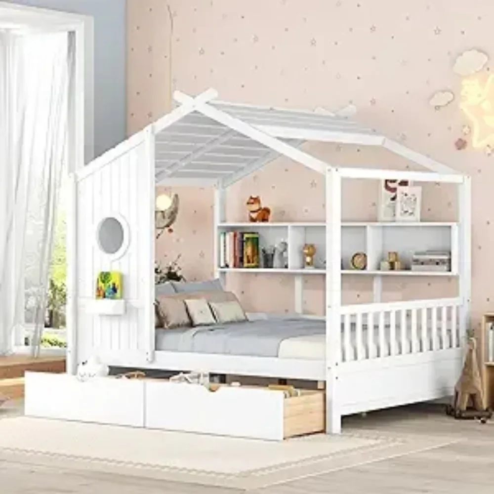 Full Size House Bed ,with Storage Drawers and Shelves, Wood Montessori House Bed Frame, Kids Playhouse Tent Bed