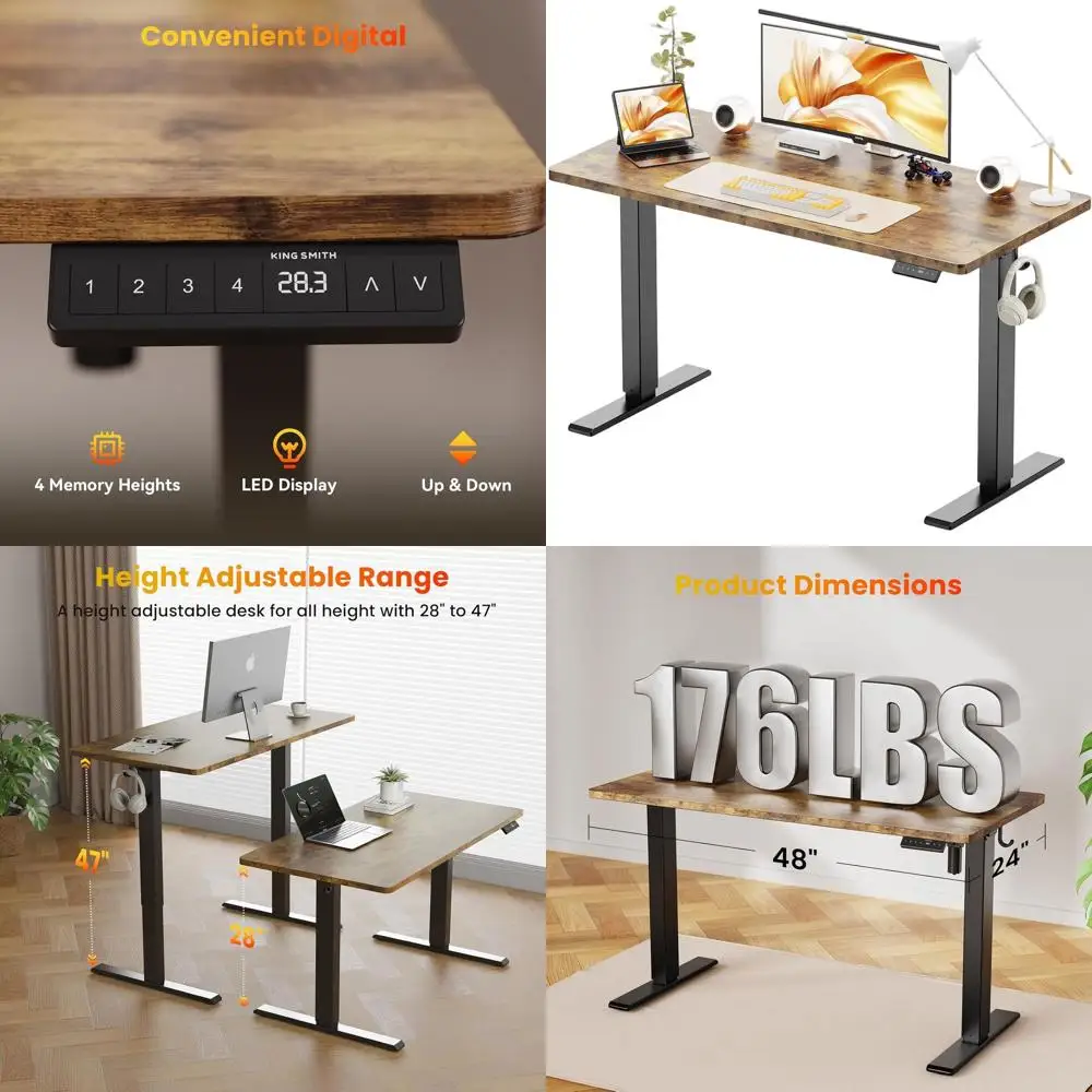 Escritorio eléctrico ergonómico marrón rústico, 48x24, altura ajustable con 2 ganchos para oficina en casa, tablero empalmado