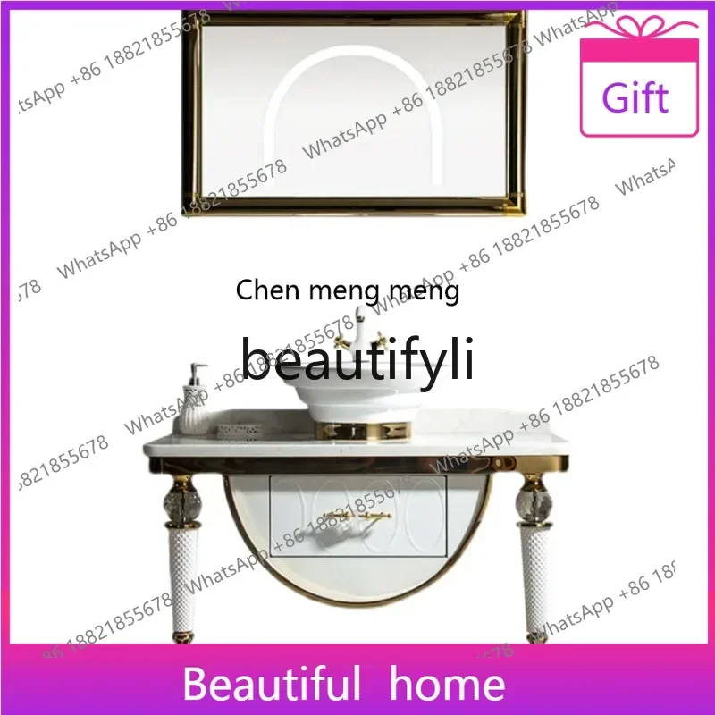 

xxzSand Wind European Light Luxury Stainless Steel Bathroom Cabinet Bathroom Waterproof Wash Table Smart Floor Cabinet