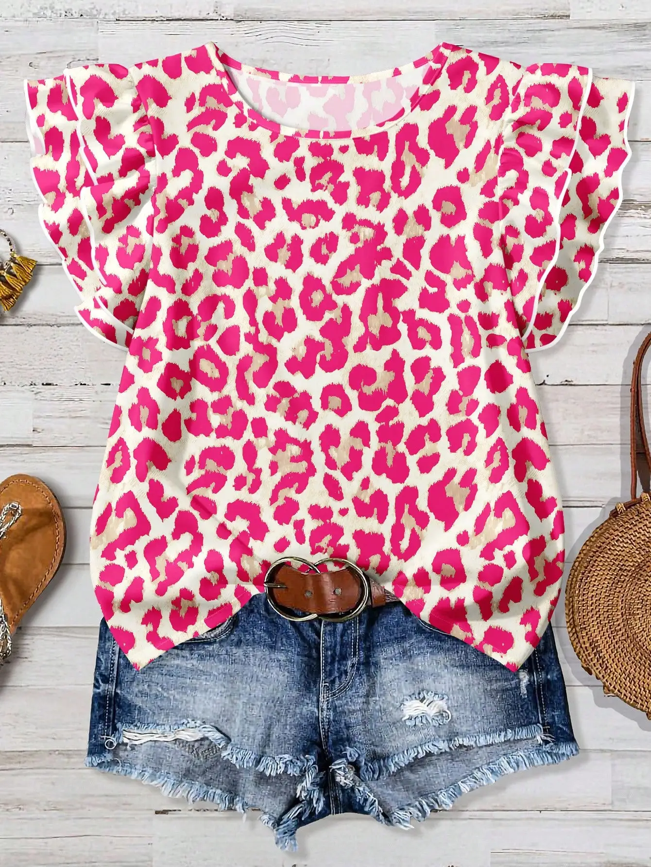 

Pink Leopard Print Ruffle Sleeve Casual Top For Women Summer