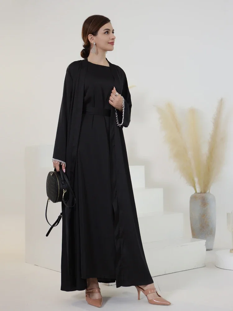 فستان عباية للعيد للنساء مطرز بالخرز طقم عبايات حفلات من الساتان الحريري مكون من قطعتين فساتين رمضان العربية السعودية رداء قفطان قفطان