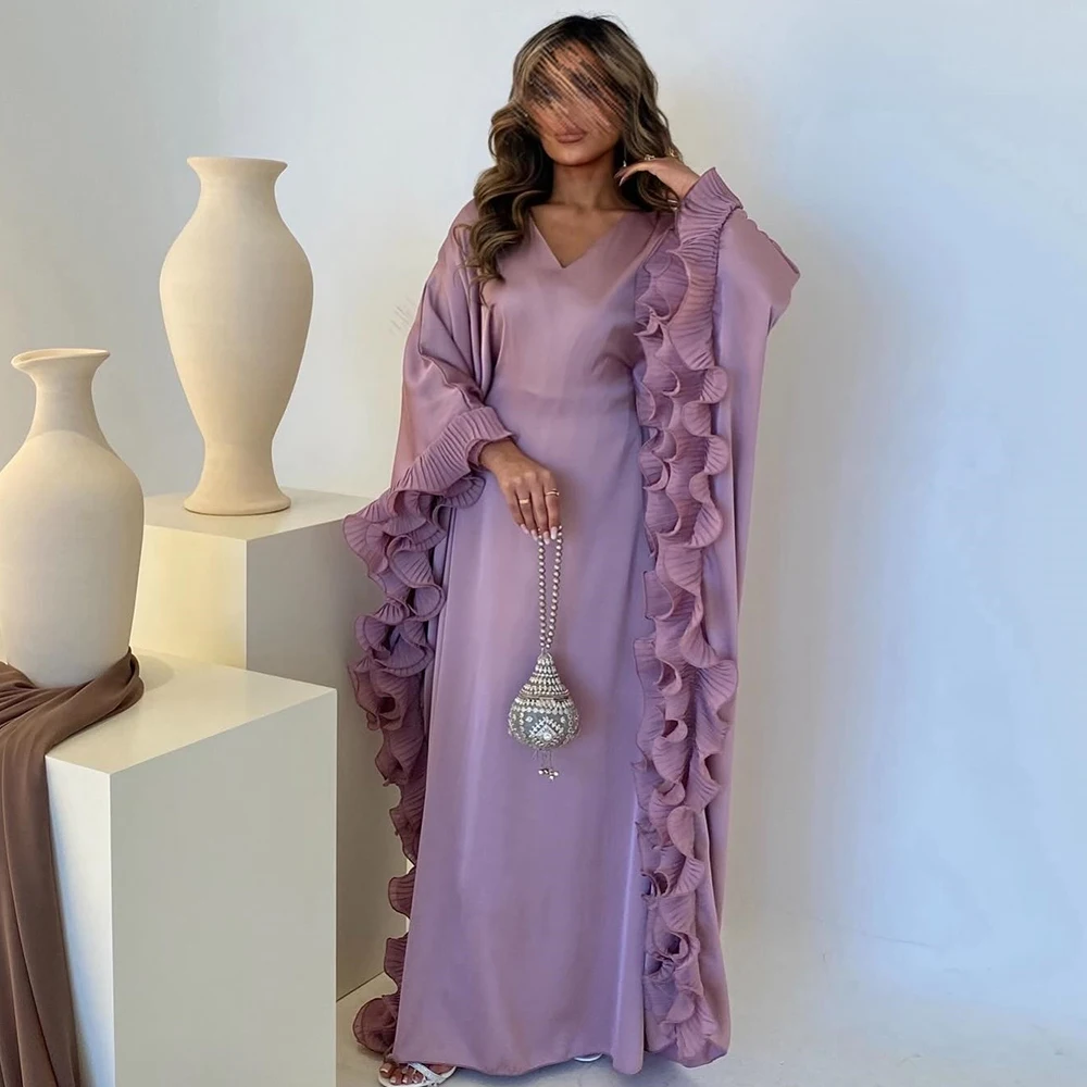 V Neck Ruffles Chiffon Long Sleeves Straight Floor Length Solid Color Evening Dress Woman Custom Size For Formal Occasions 2024