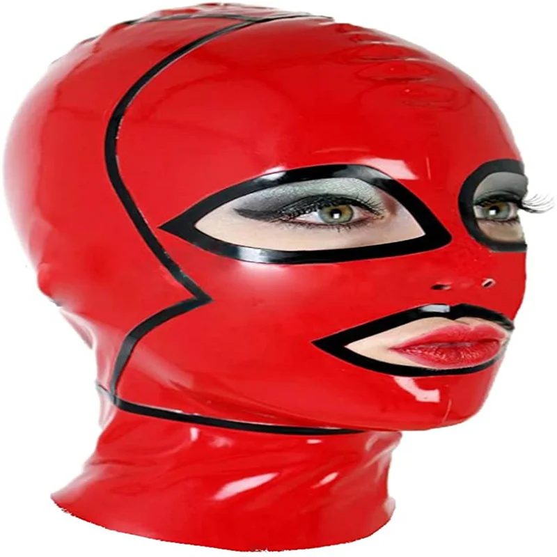 Sexy Latex haube Gummi maske Fetisch schwarz mit roten handgemachten offenen Augen Mund Halloween Cosplay Kostüme für Männer Frauen