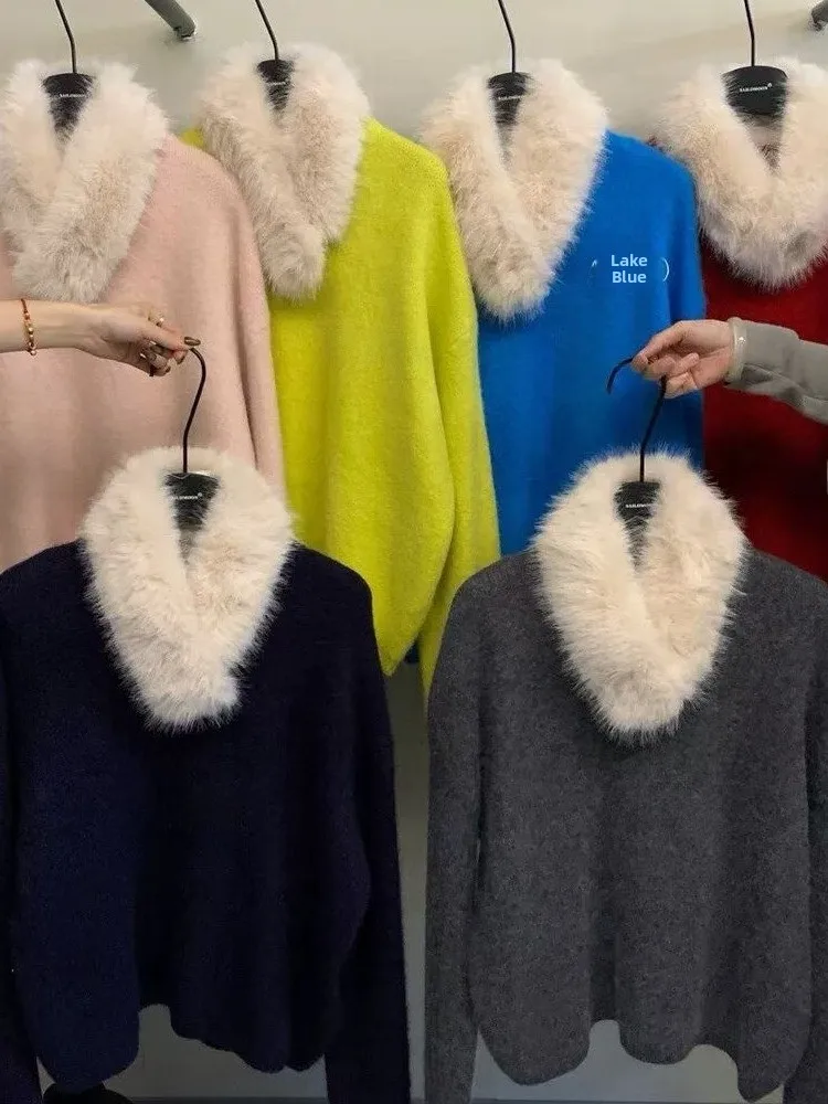 Korean Sle Soft Plu Rabbit Fur Red Sweater Women's Autumn Winter New Warmth Lazy Ne Warmer Top for Teen Girls