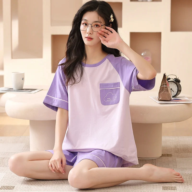 New Summer Striped Women\'s Sleepwear Kawaii Round Collar Pajamas Cotton Korean Pijamas Short Sleeve Shorts Home Suit for Girls