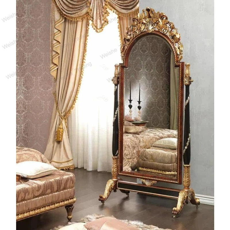 French European neoclassical dressing bathroom mirror makeup fitting mirror solid wood engraving tracing silver