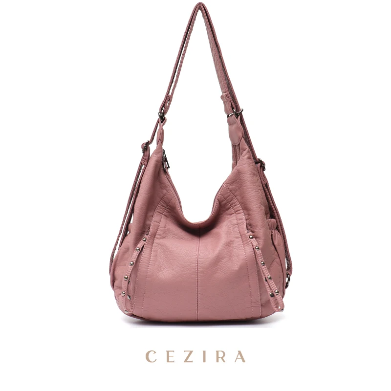 CEZIRA Soft Washed PU Vegan Leather Backpack Women Large Casual Multi Pockets Shoulder Bags Fashion Functional Knapsack Travel