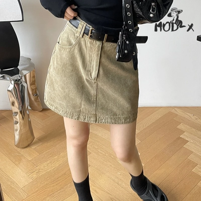 

American Spice Girl High-waisted A-line Skirt with Belt Short Denim Skirt All-in-one Monochromatic Casual Spring Summer New 2024