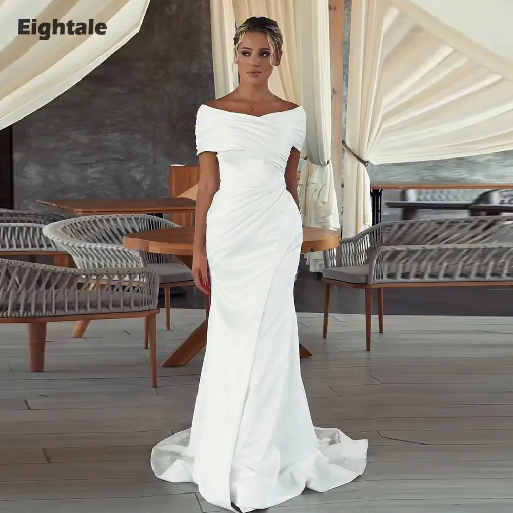 

Eightale Arabic Wedding Dress Pleats Customized White Ivory Cap Sleeves Bridal Gown Mrmaid Satin Bride Party Dress