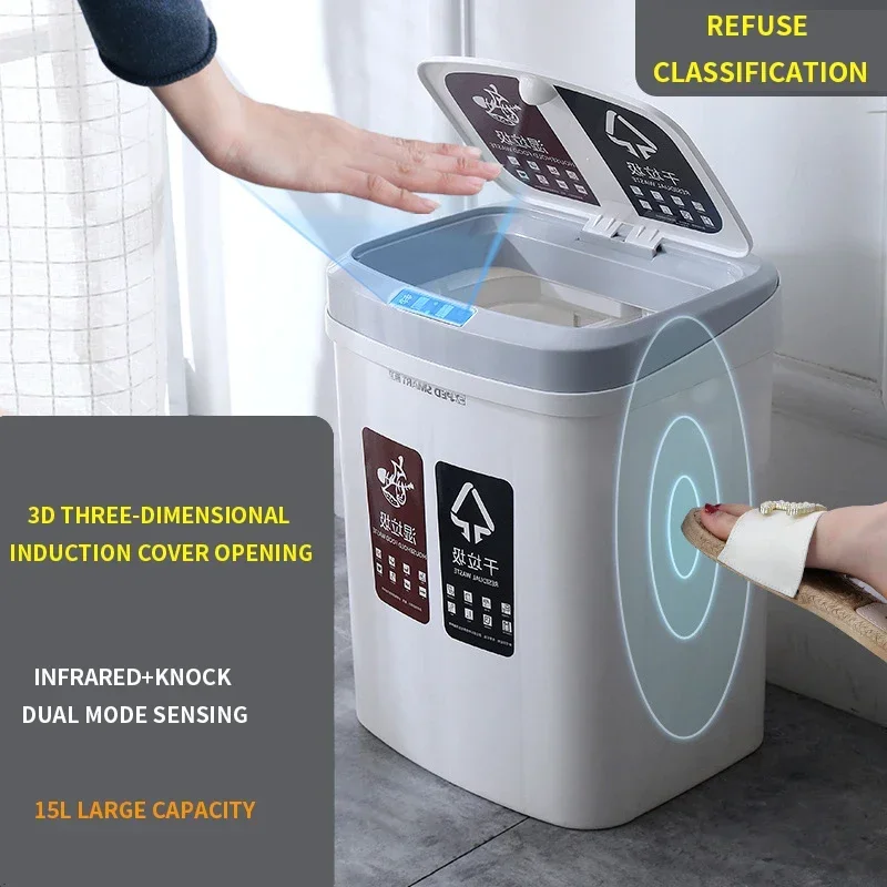 

Household Smart Sensor Large Capacity Trash Can Dry and Wet Classification Automatic Packaging Kitchen Kick Sensor Trash Canor