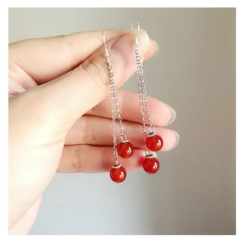 Natural red beads agate chalcedony fringed earrings retro antique earrings earrings