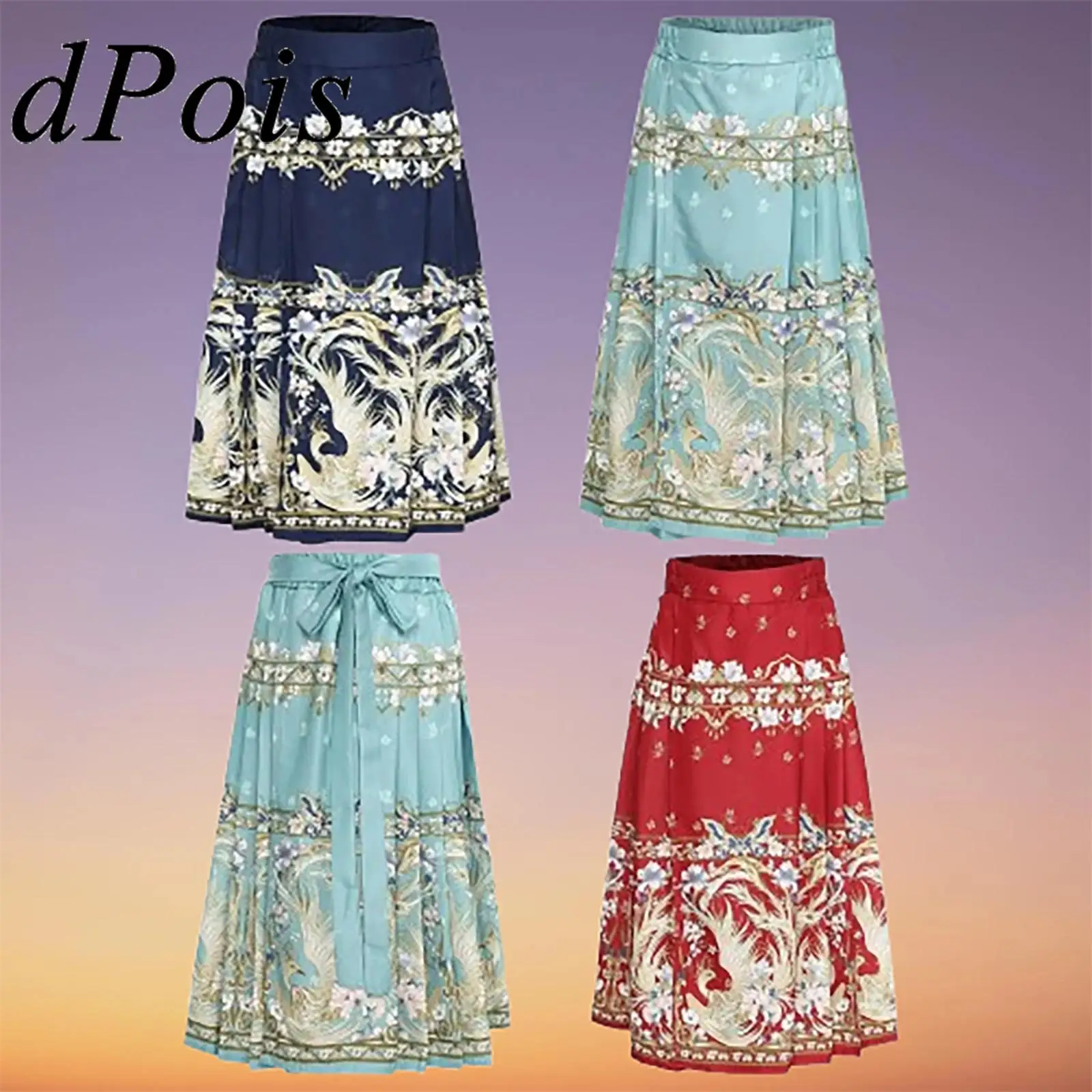 

Hanfu Mamianqun Traditional Chinese Clothing Girls Mamian Skirt Horse Face Flower Phoenix Print Skirt Pleated Maxi Skirt