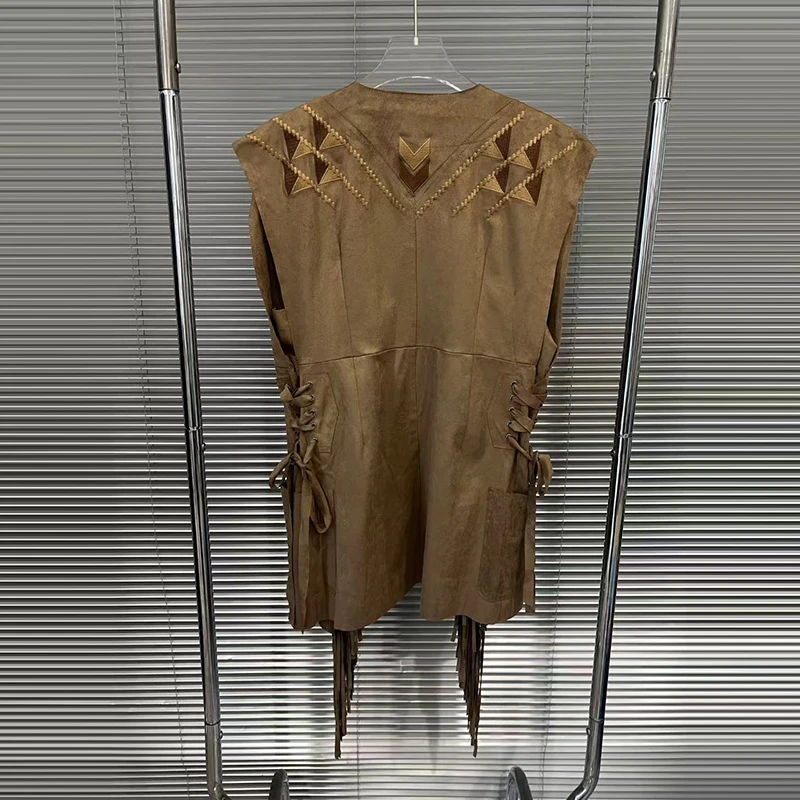 เสื้อแจ็คเก็ต KBQ แบบต่อผ้าพู่ห้อยหลวมๆ สำหรับผู้หญิง คอทรงกลม แขนกุด สไตล์ลำลอง เรียบง่าย แฟชั่นผู้หญิง สไตล์ฤดูใบไม้ร่วง