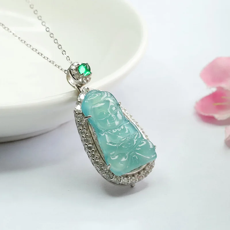 S925 silver inlaid natural jadeite pendant ice blue water baby Buddha necklace