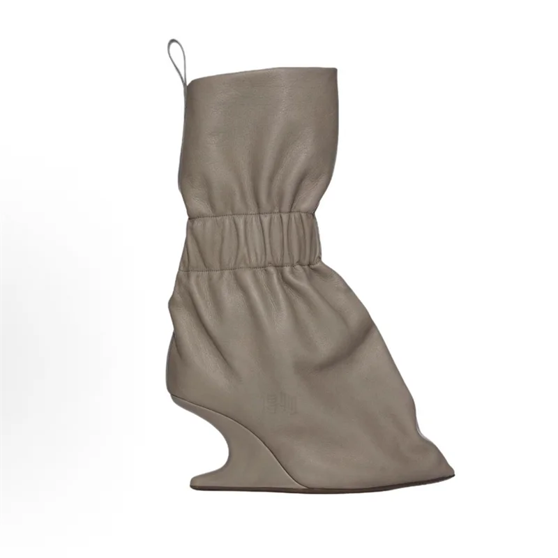 Europe and America Women Ruched Leather Mid Calf Boots Unique Sculpted Hollow Wedge Heel Pointed Toe Fashion Ankle Booties