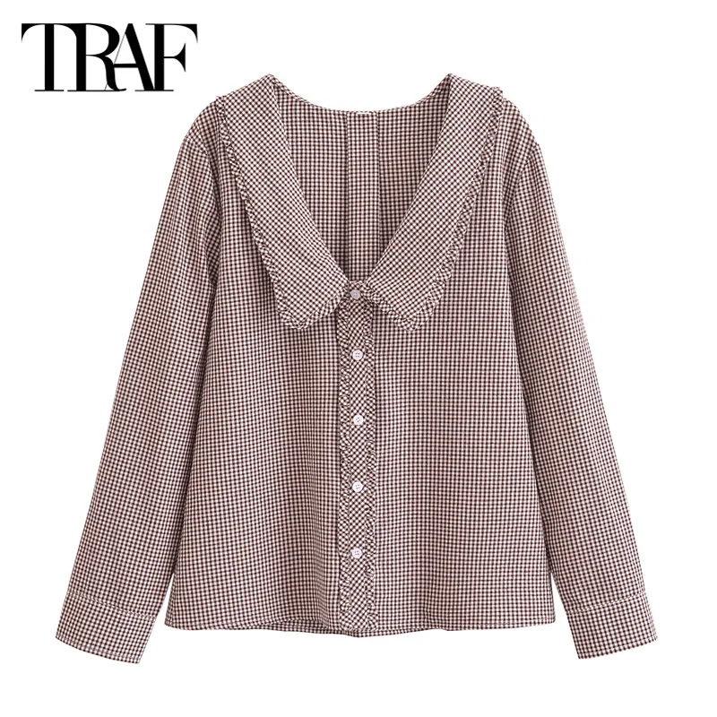 TRAF Plaid Women Shirt&Blouses Top 2024 Summer Autumn Long Sleeve Ruffled Shirt Ladies Fashon Casual Elegant Blouses For Female