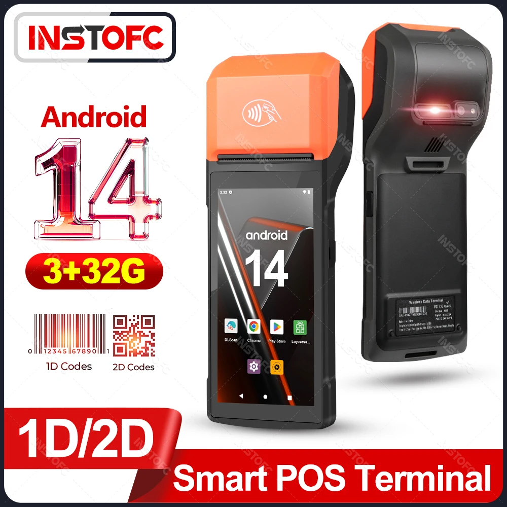 3G32G POS Android 14 PDA Intelligent Mobile Handheld Terminal with NFC 58mm Receipt Printer Wifi 1D 2D QR Barcode Scanner Reader