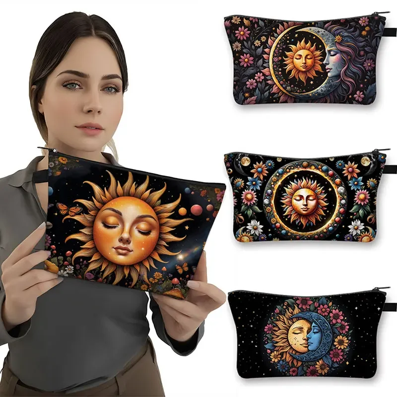 Sun and Moon Boho Print Cosmetic Bag Women Make Up Toiletry Bags Psychedelic Sunflower for Travel Ladies Lipstick Storage Bags