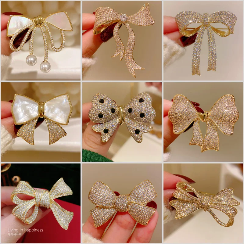 

French Retro Sparkle Micro-zircon Bow Brooch for Woman Natural Shell Corsage Elegant Suit Coat Temperament Accessories Pins Gift