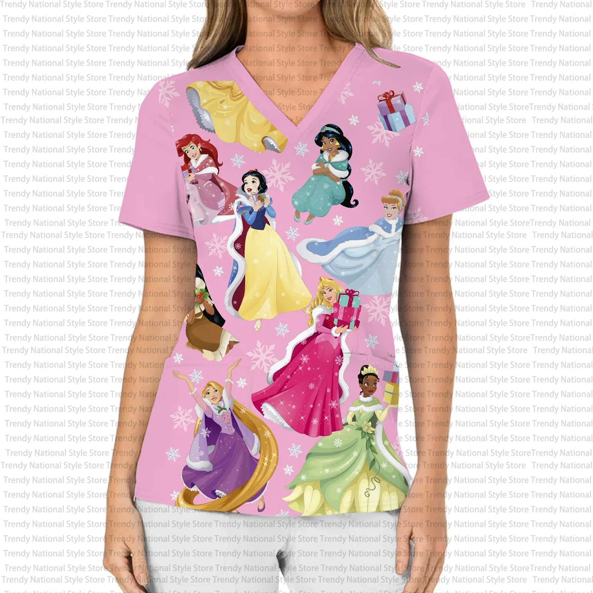 Irmãs moda casual workwear disney princesa impressão dental spa laboratório com decote em v fosco topo vestido médico camiseta