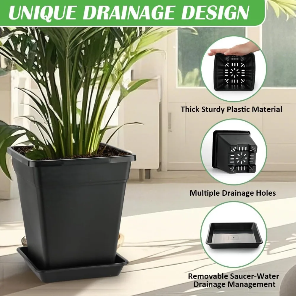 

10 Inch Square Plastic Planters Set of 5 with Drainage & Saucer, 5 Gallon Thick Outdoor Garden Pots for Indoor Plants