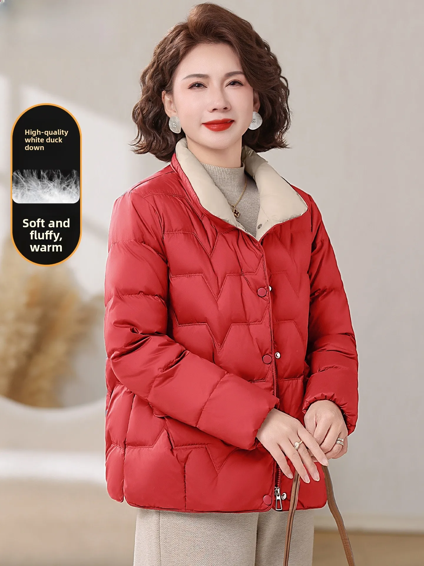 

Модная легкая красная пуховая куртка для мам и женщин среднего возраста, теплая, с наполнителем из полиэфирного волокна