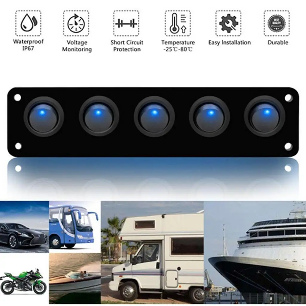 

12V / 24V 5 LED rocker switch panel, waterproof control switch