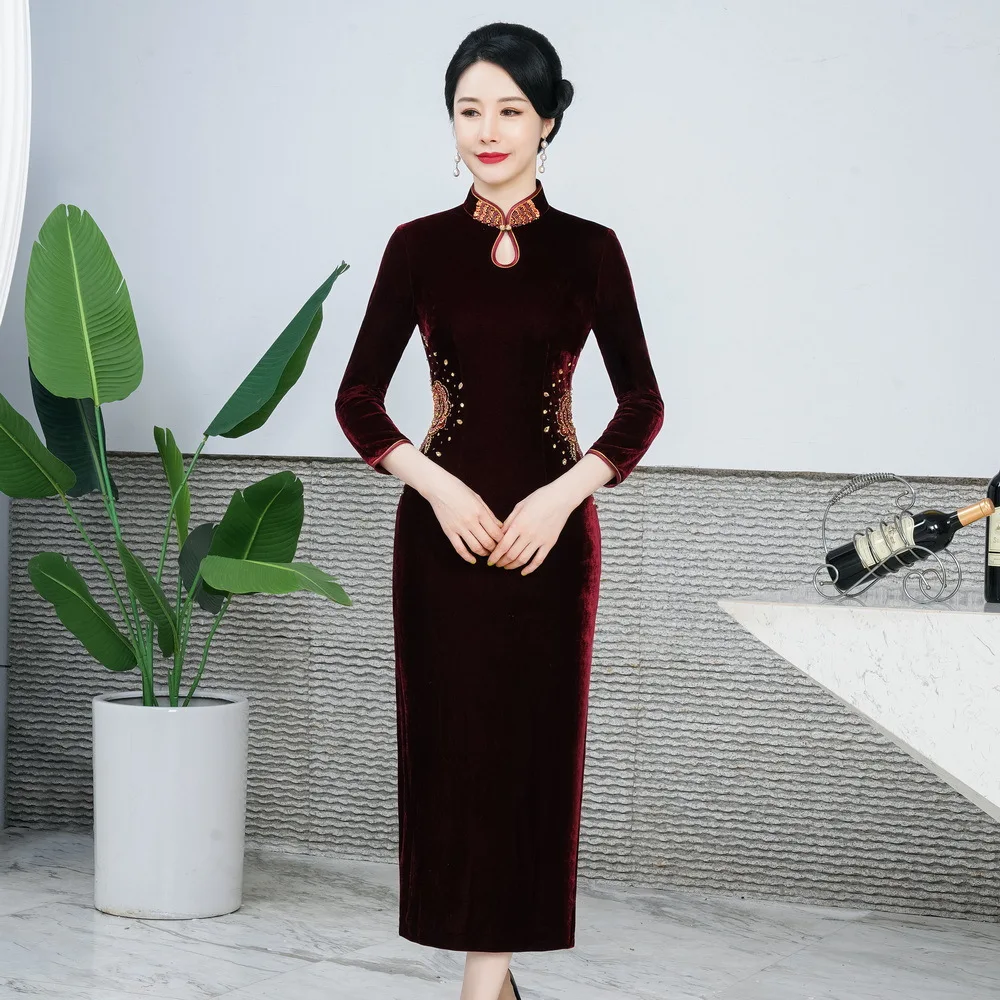 

Chinese Style Mandarin Collar Long Dress Burgundy Cheongsam Sexy Split Velvet Qipao Plus Size Slim Vestidos 3XL 4XL 5XL 6XL